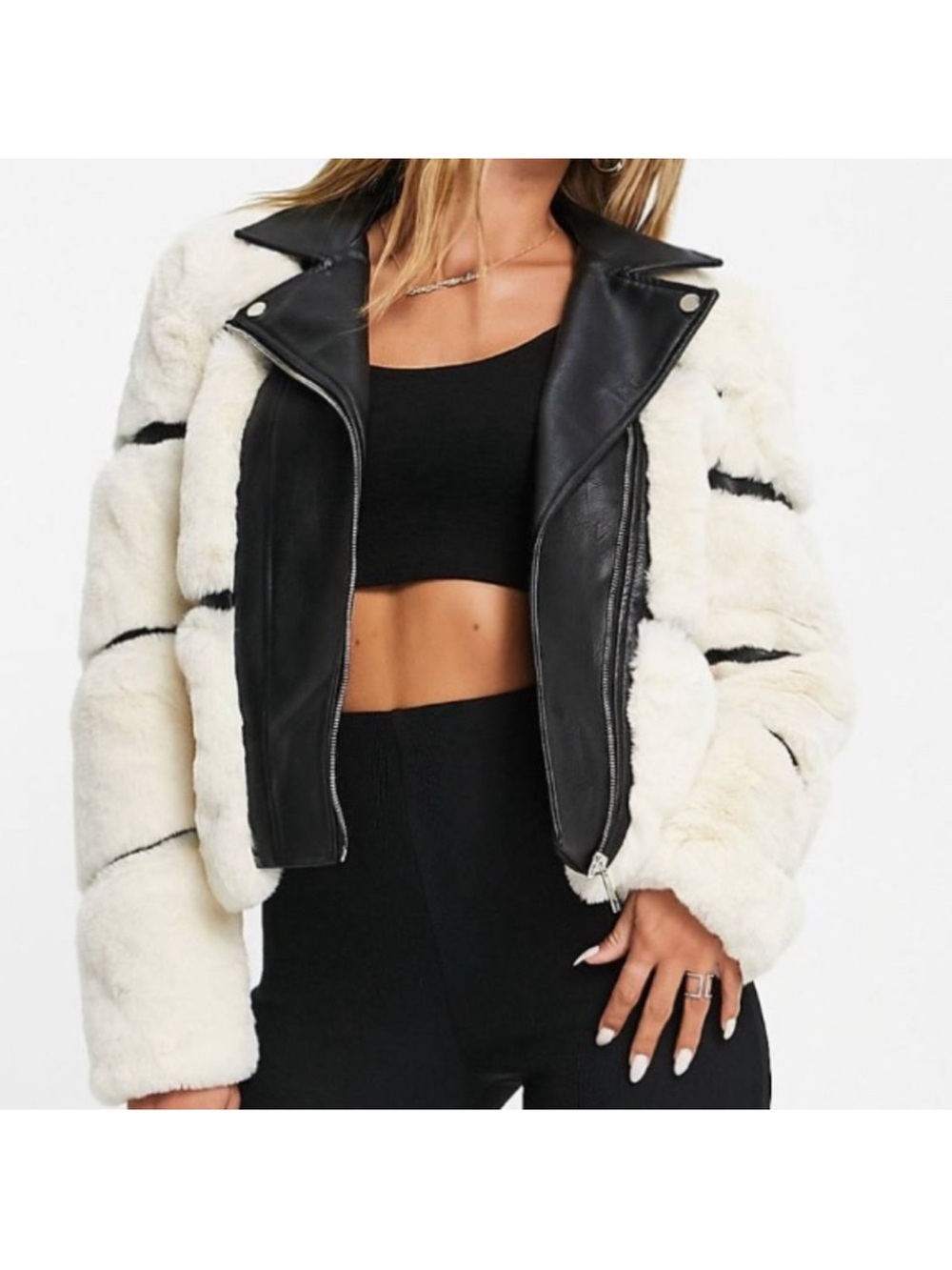 River Island White Faux Shearling and Black Moto Jacket